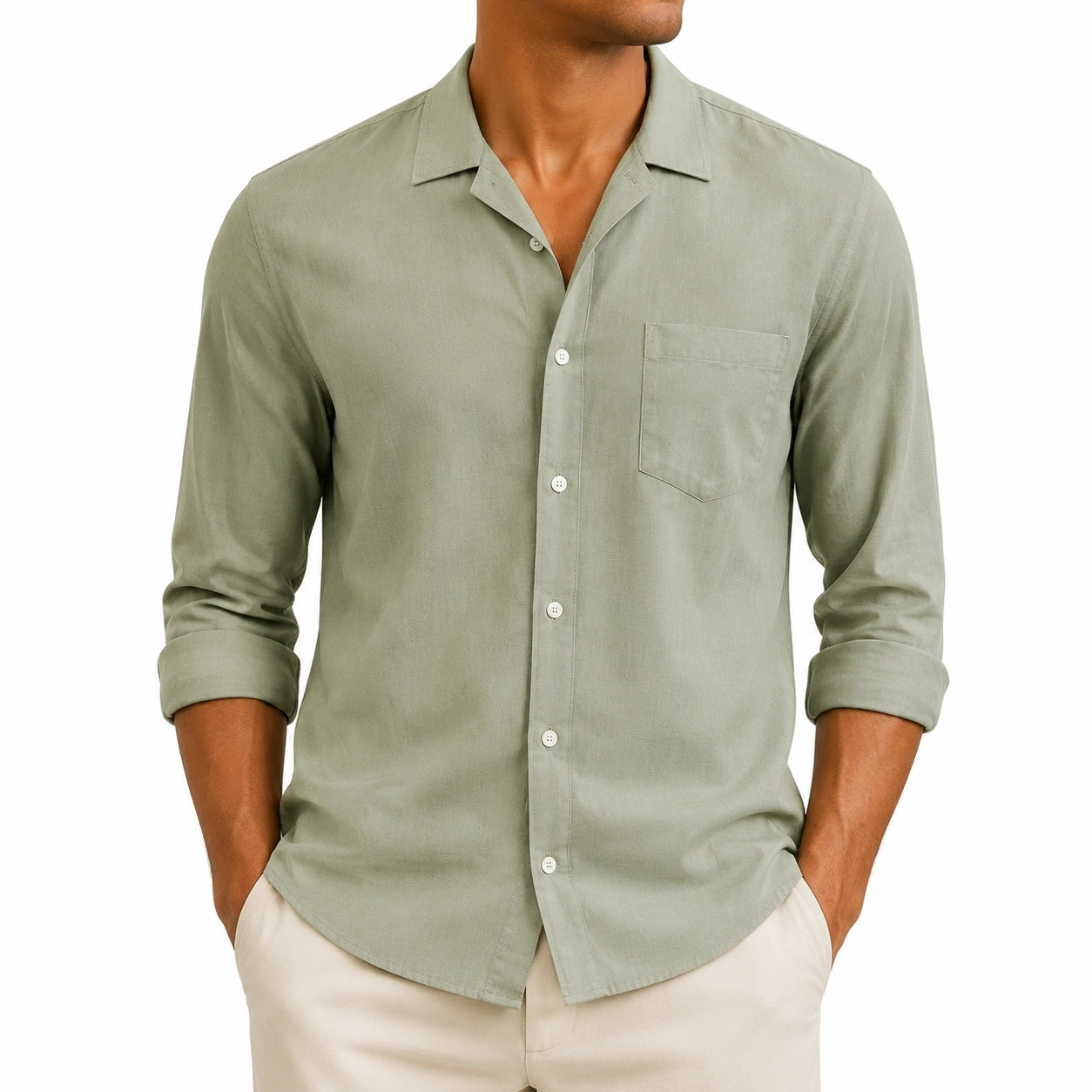 Chemise homme taille L en tissu tissé vert sauge à manches longues style décontracté