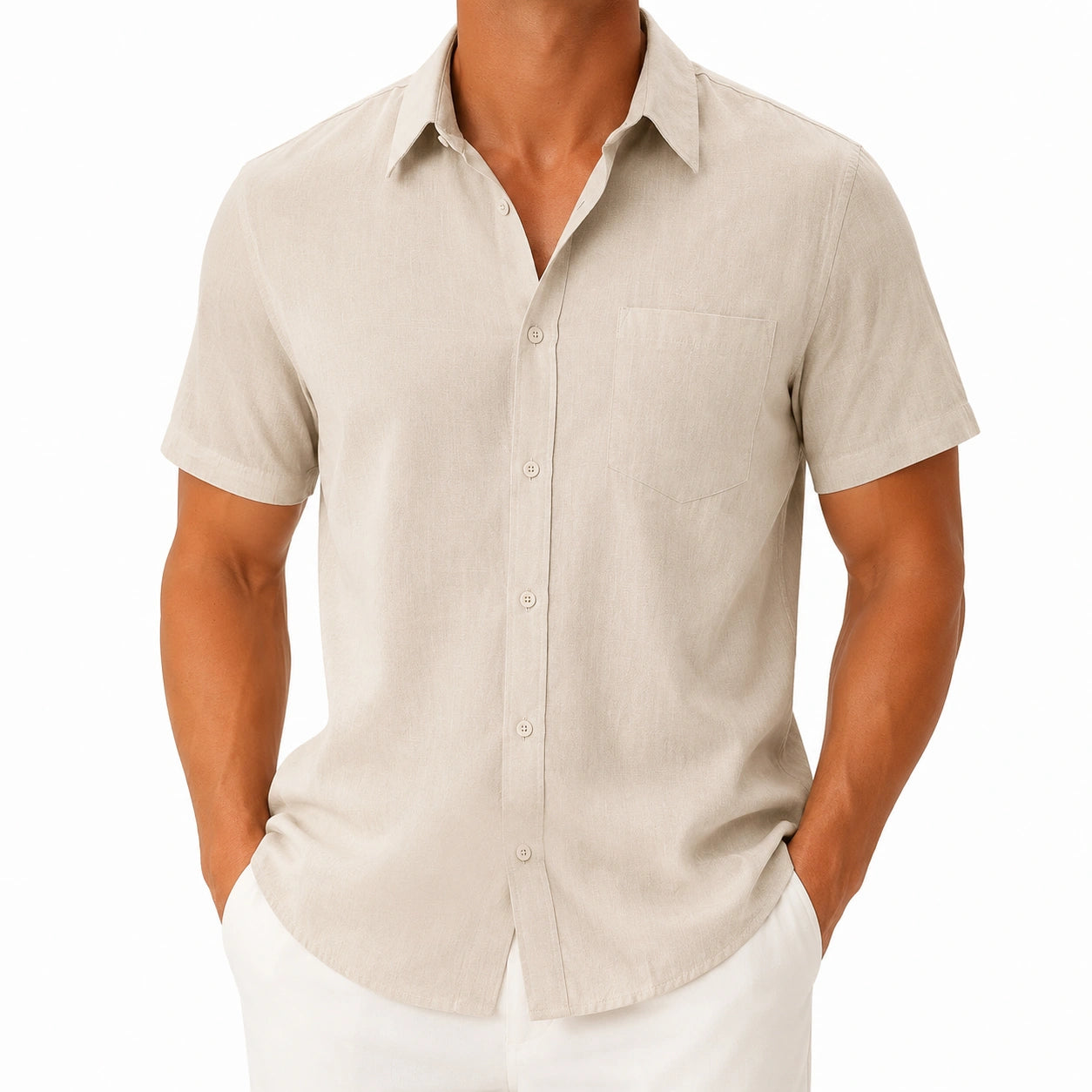 Chemise homme XL en tissu aspect lin beige à manches courtes décontractée