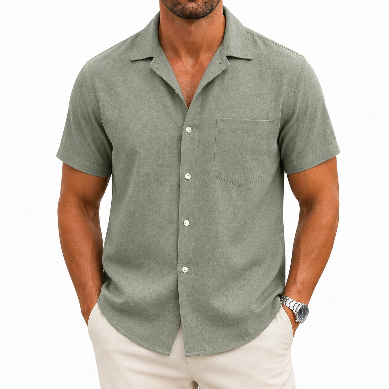 Chemise homme XL en tissu tissé vert sauge à manches courtes décontractée