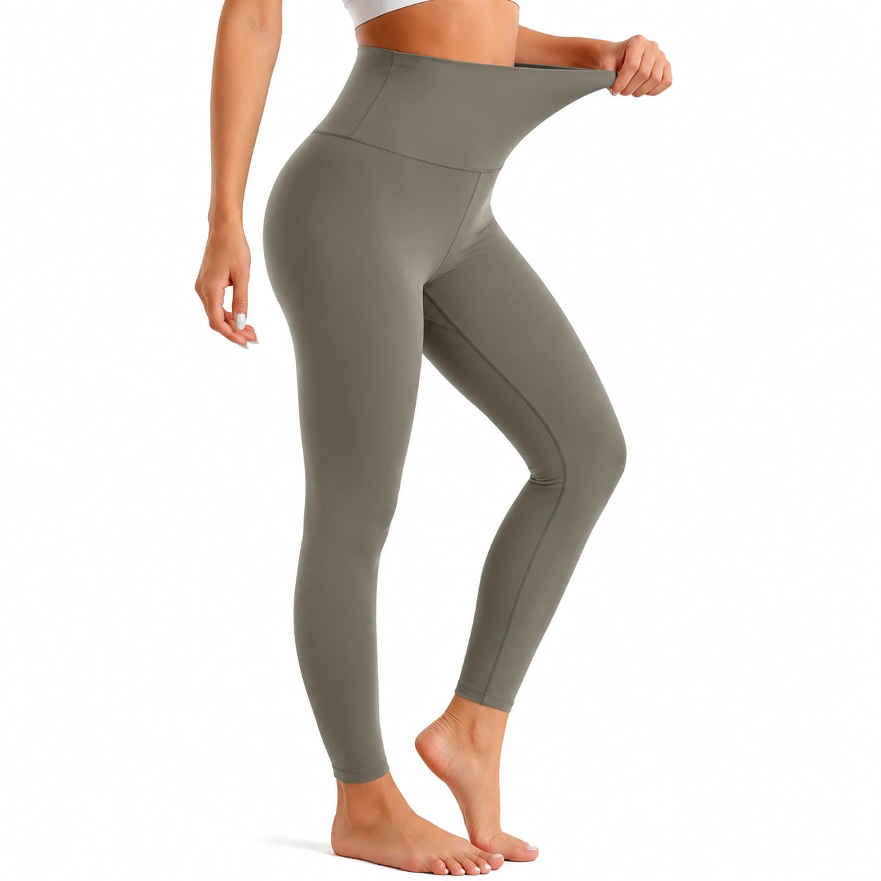Legging femme taille S tissu extensible kaki taille haute maintien