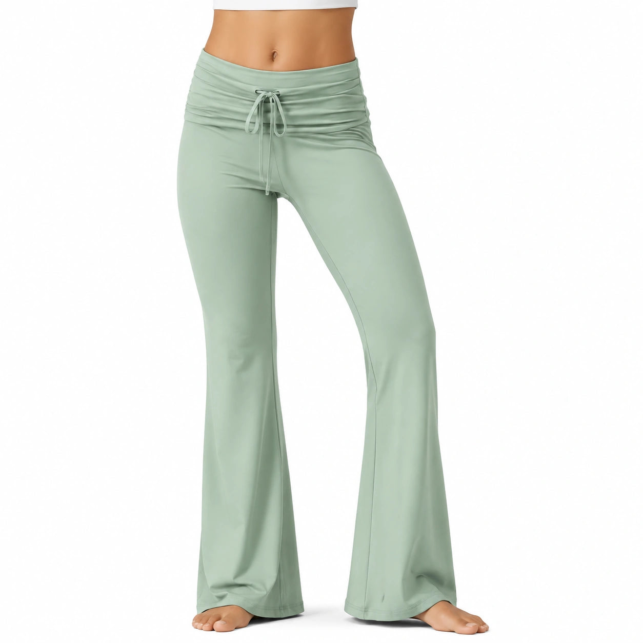 Pantalon évasé femme M vert sauge en tissu extensible à taille froncée