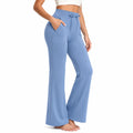 Pantalon femme L en tissu extensible bleu taille haute coupe évasée