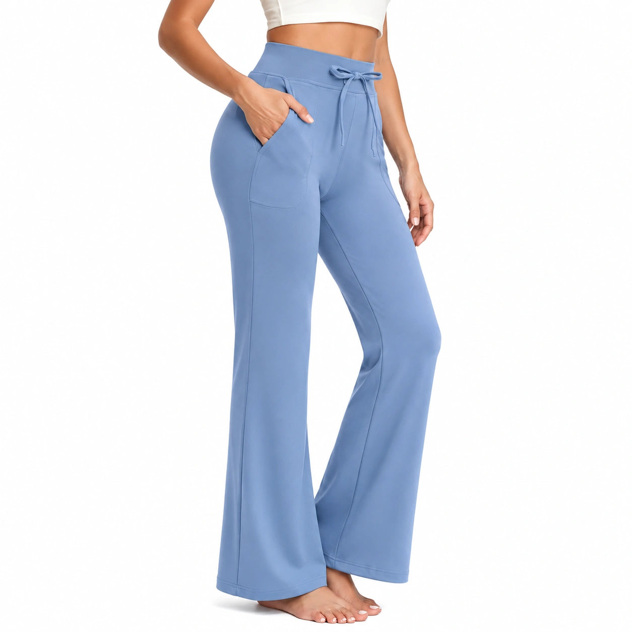 Pantalon femme L en tissu extensible bleu taille haute coupe évasée