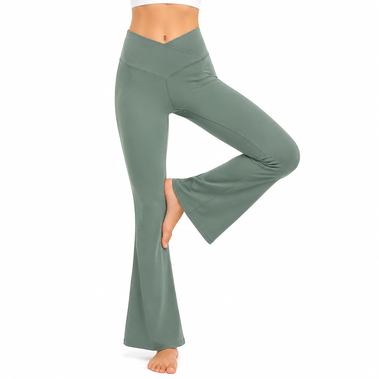 Legging femme L tissu extensible vert taille haute évasé yoga