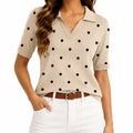 Pull polo femme taille S en maille beige à pois noirs manches courtes