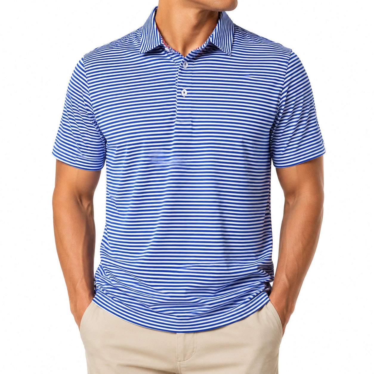 Polo homme M en tissu bleu et blanc à rayures manches courtes