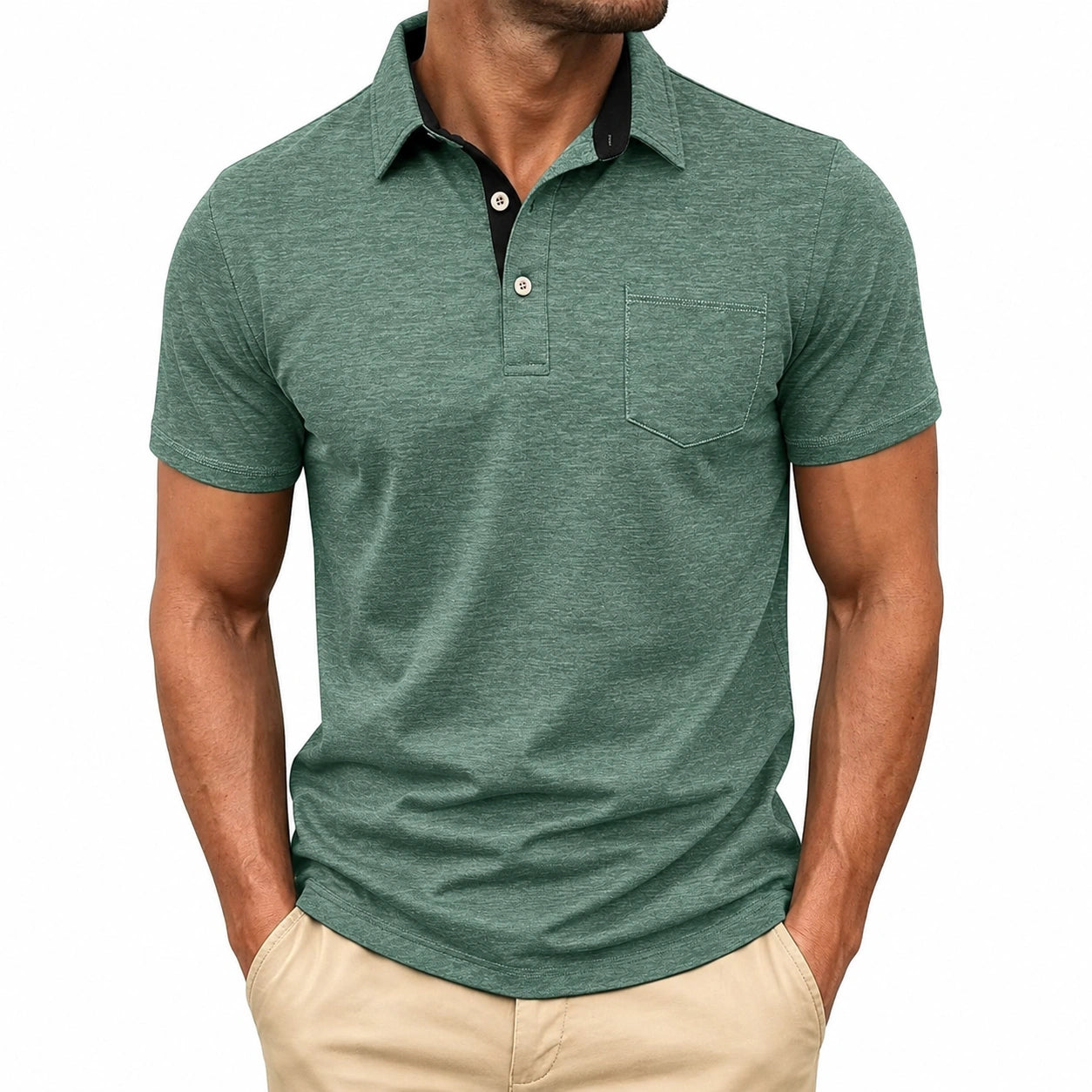 Polo homme taille M en jersey vert chiné à col contrasté style décontracté