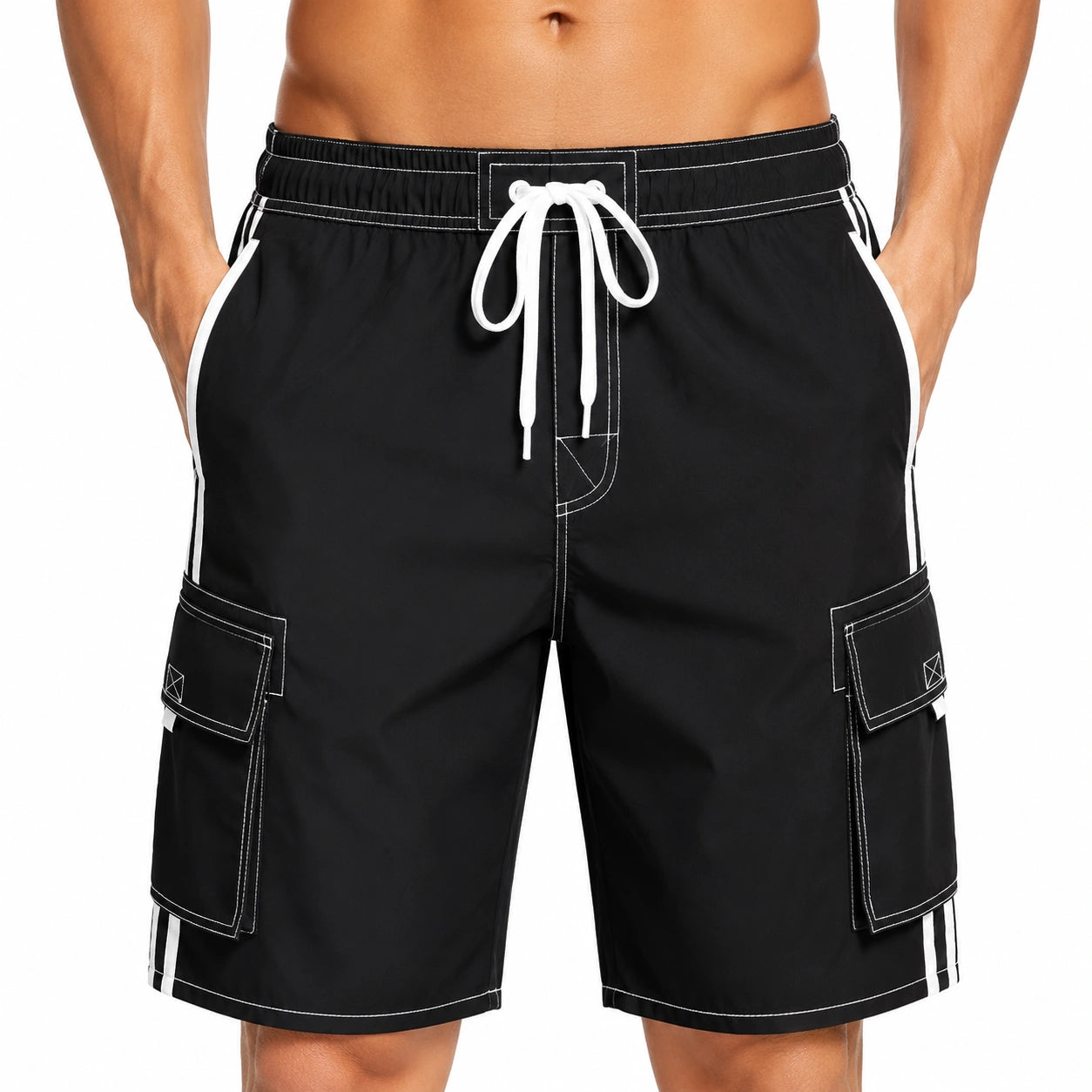 Short de bain homme M noir et blanc en polyester style cargo à poches