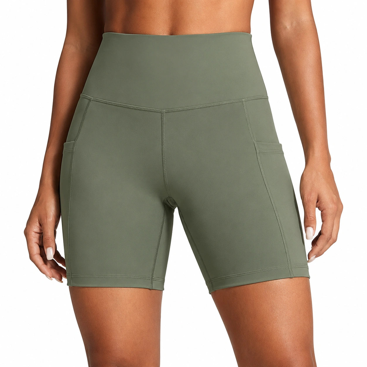 Short cycliste femme taille L taille haute extensible vert kaki avec poches latérales
