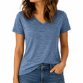 T-shirt femme taille S en tissu chiné bleu à col V manches courtes décontracté