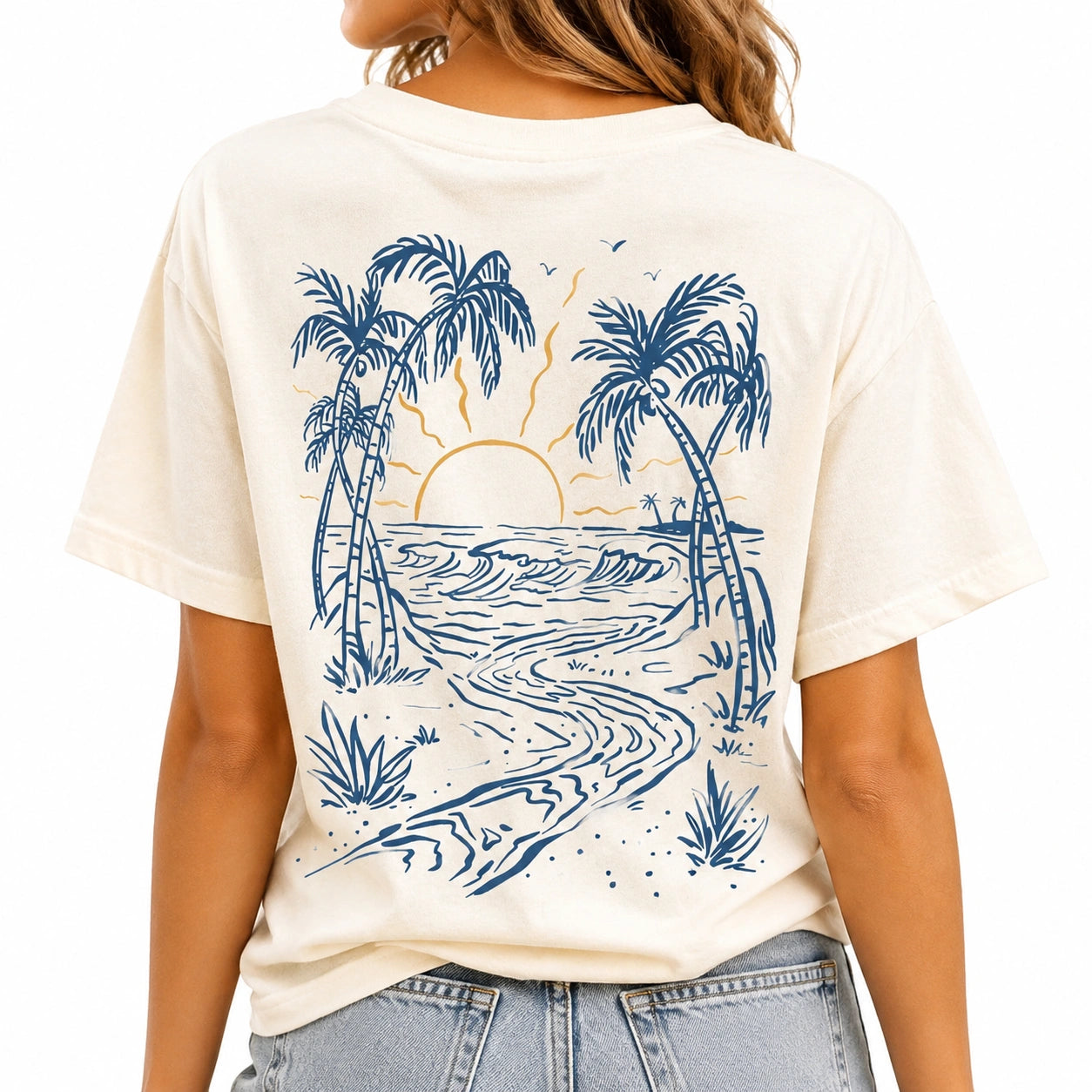 T-shirt femme taille M beige à imprimé paysage coupe ample