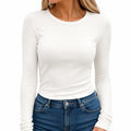 T-shirt femme M blanc côtelé extensible à manches longues coupe ajustée