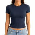 T-shirt femme L bleu marine en tissu extensible coupe ajustée à manches courtes