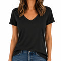 T-shirt femme L noir en tissu à col V manches courtes décontracté