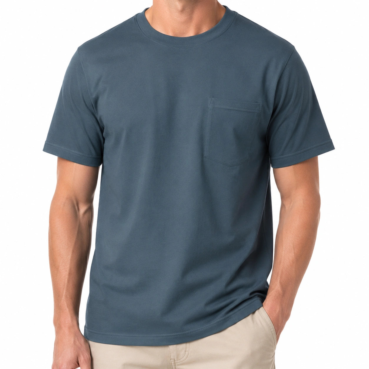T-shirt homme M en coton bleu ardoise à poche poitrine manches courtes