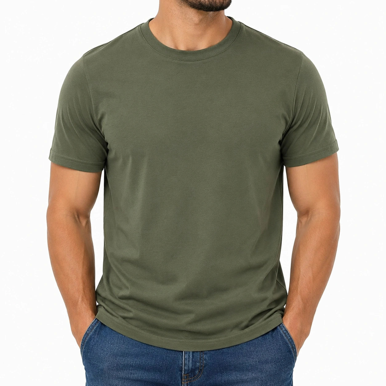 T-shirt homme taille M en coton vert kaki à col rond manches courtes