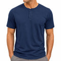 T-shirt homme taille L en maille bleu marine à col tunisien manches courtes