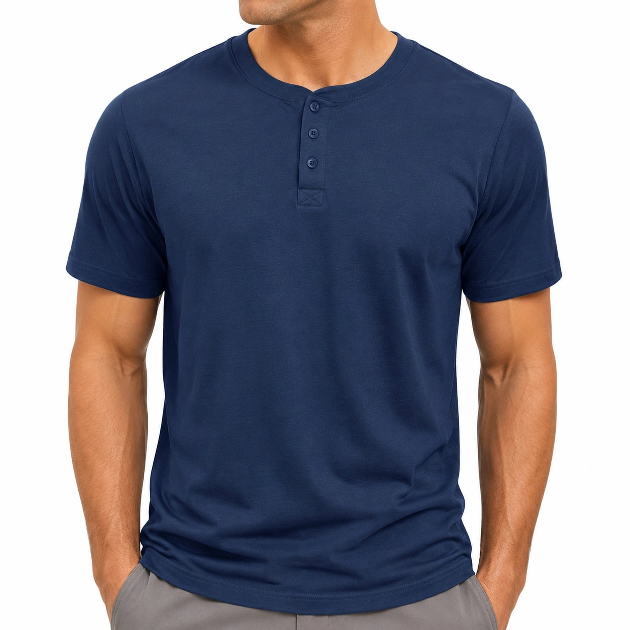 T-shirt homme taille L en maille bleu marine à col tunisien manches courtes