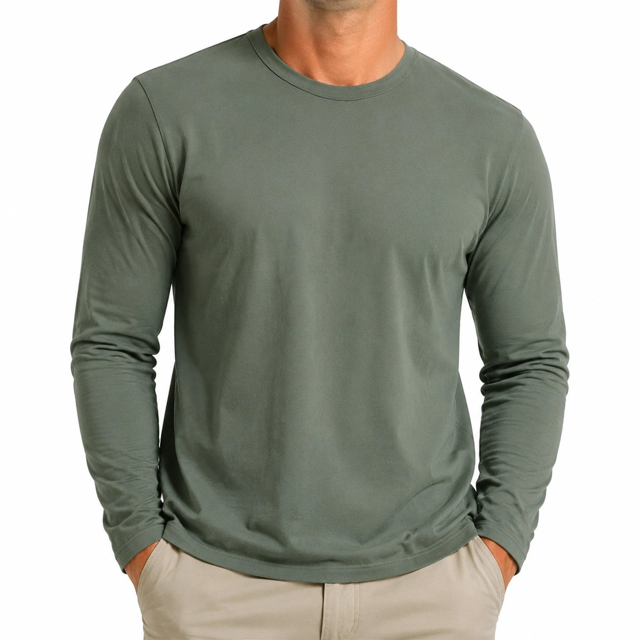 T-shirt homme manches longues L vert kaki col rond coupe droite